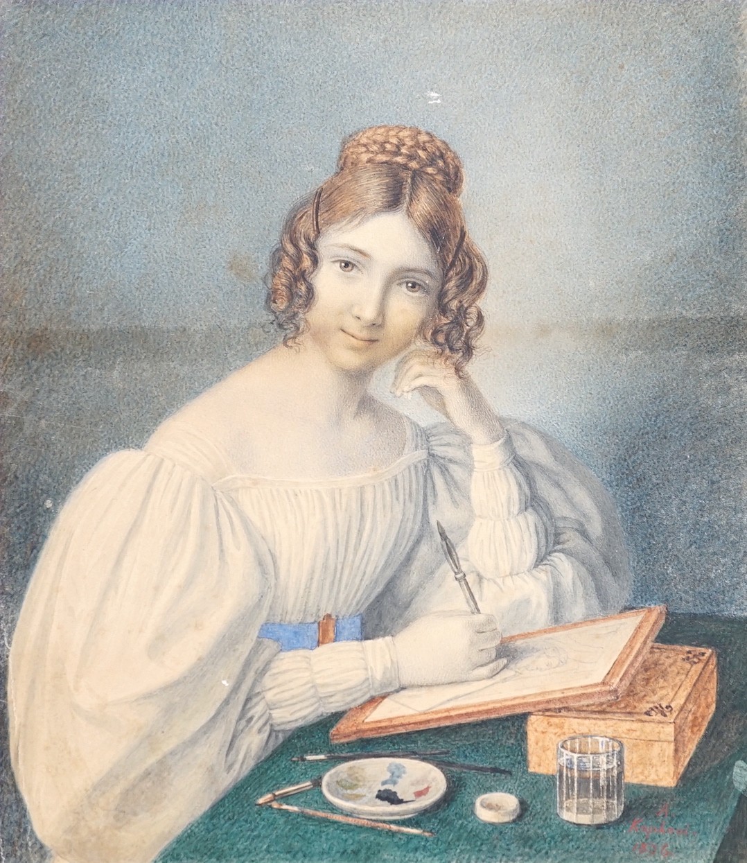 A. Kaphavi (19th C.), watercolour on card, Portrait of a young lady artist, perhaps a self portrait, signed and dated 1836, 24 x 31cm, unframed